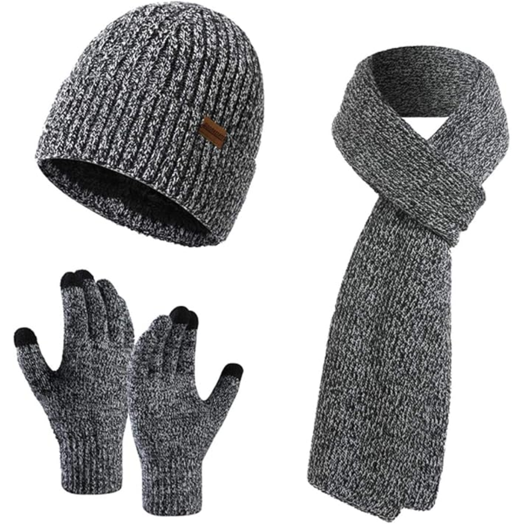 Knitted men's winter beanie and touchscreen gloves set, with a matching warm scarf.