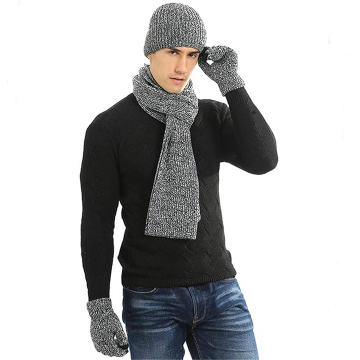 Warm men's knitted beanie & touchscreen gloves, complemented by a cozy winter scarf.