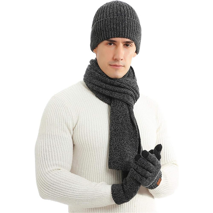 Men's essential winter set: knitted beanie, soft scarf, and touchscreen-compatible gloves.