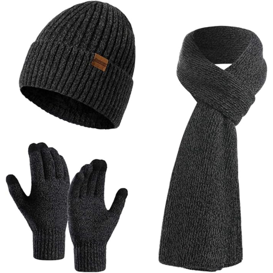 Victor men's stylish winter beanie, scarf, & gloves for ultimate cold weather comfort.