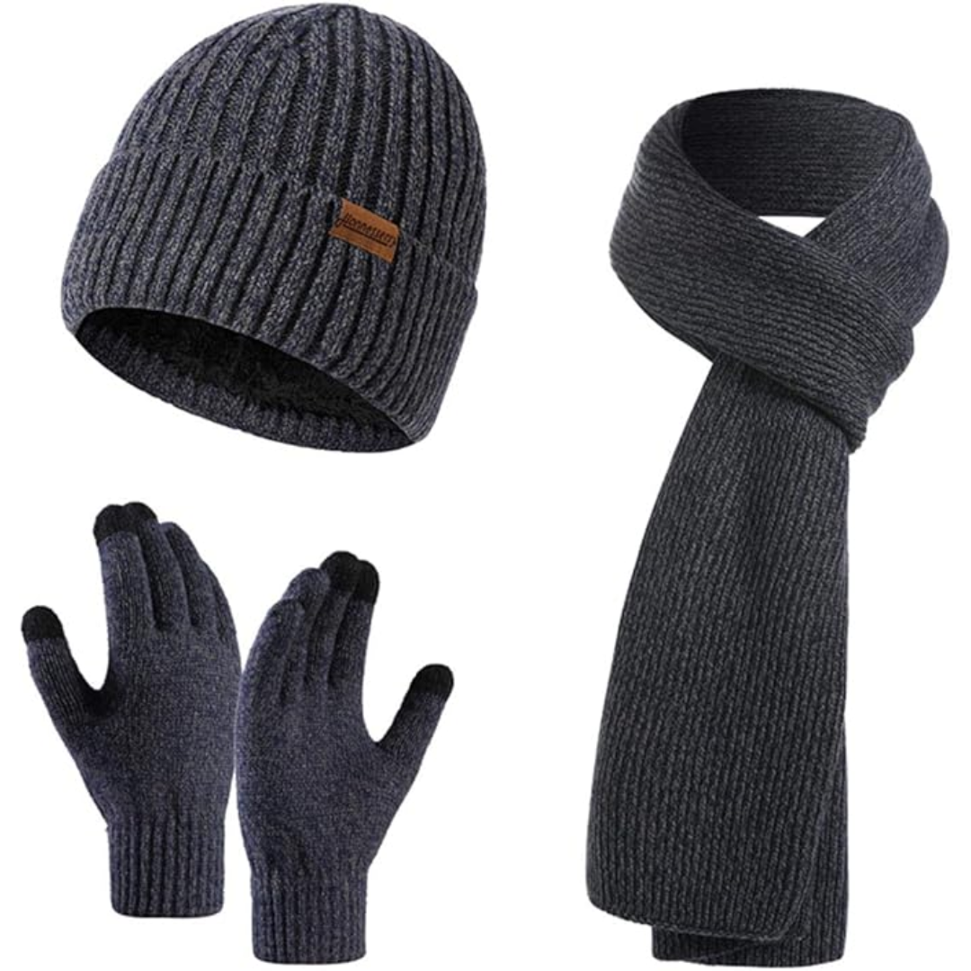 Cozy men's knitted winter set: beanie, long scarf, & touchscreen gloves for chilly days.
