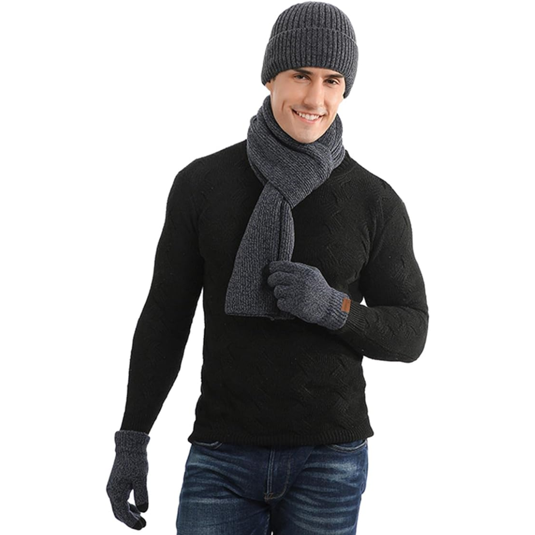 Men's fashion-forward winter accessories: Beanie, scarf & touchscreen gloves. Stay warm & chic.