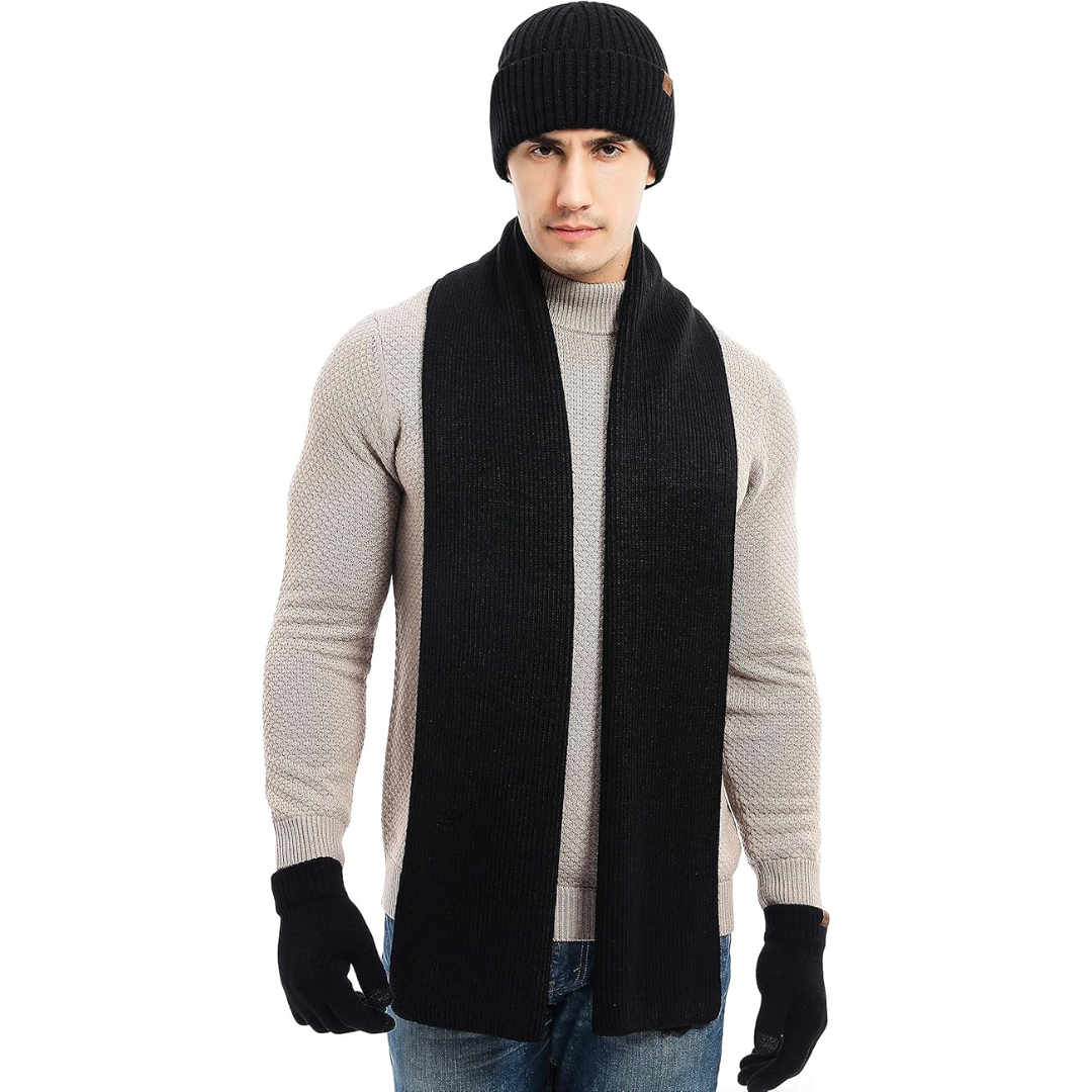 Durable men's knitted winter set: Victor beanie, matching scarf & touchscreen gloves.