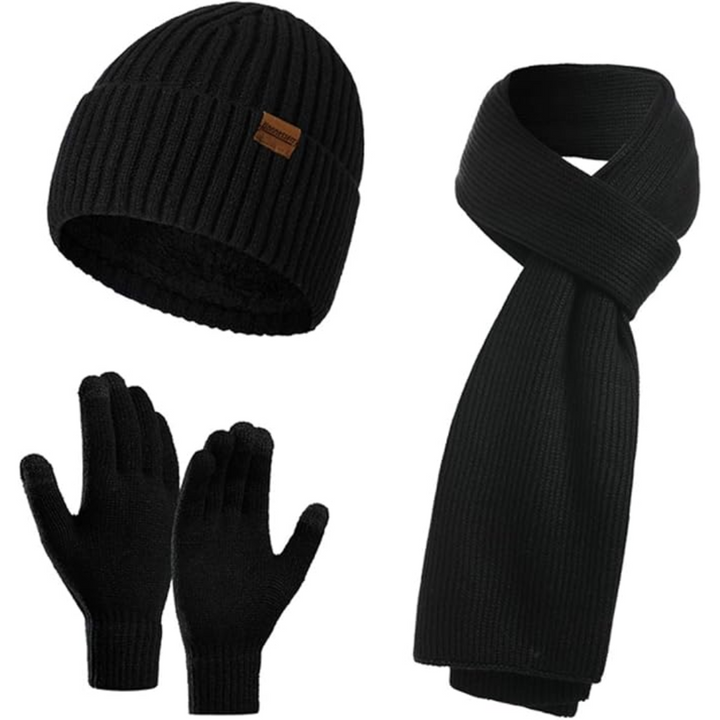 Men's everyday winter set: Beanie, scarf & touchscreen gloves. Perfect for daily commutes.