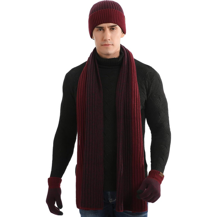 Victor men's warm knitted beanie, matching scarf & touchscreen gloves for winter.