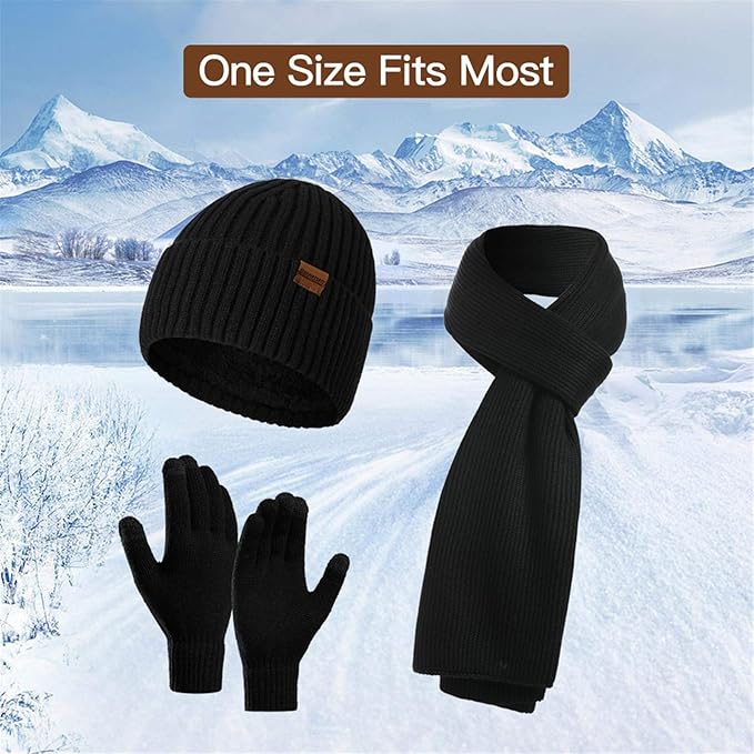 Men's premium winter gift set: Beanie, scarf & touchscreen gloves for warmth and convenience.