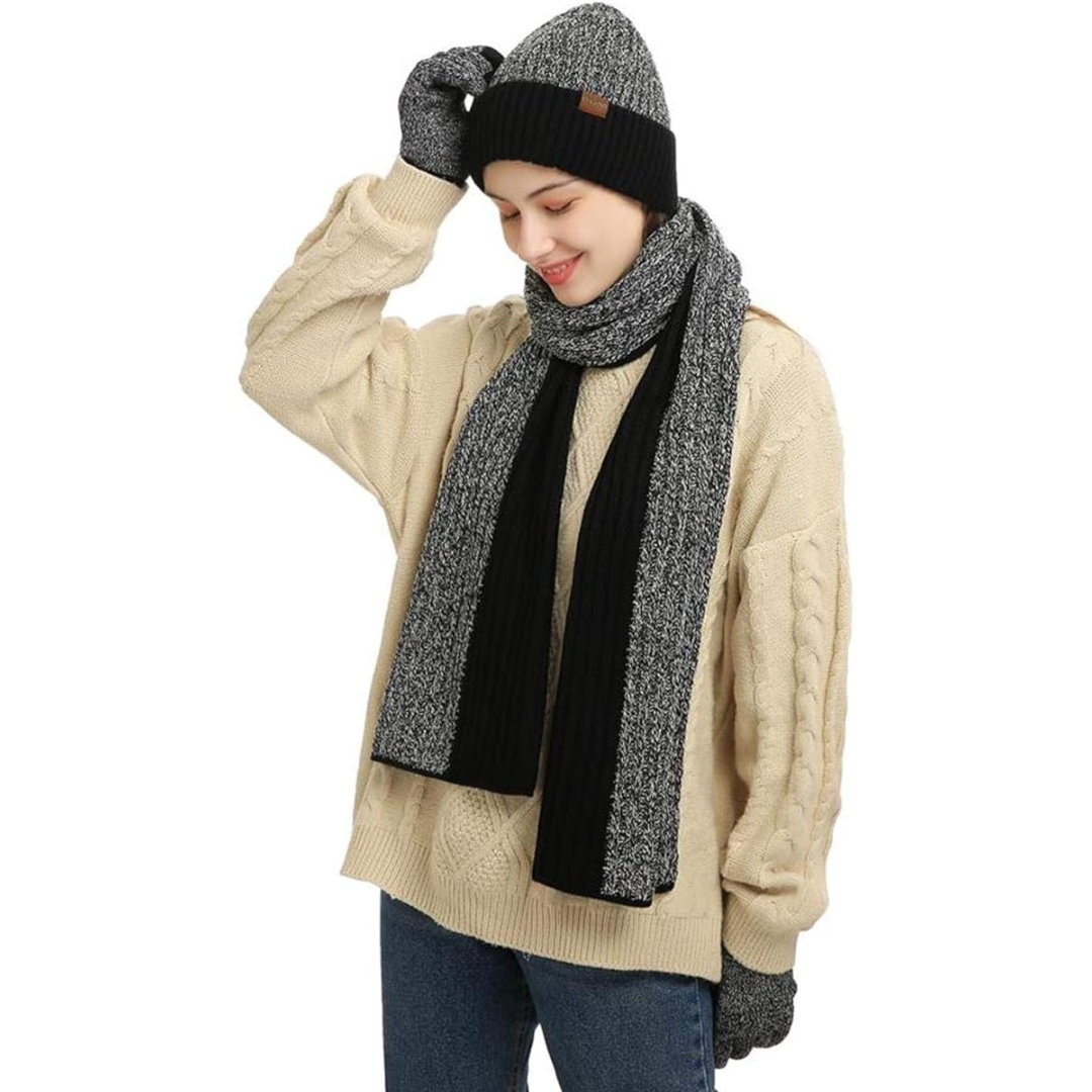 Keep warm: Men's knitted winter beanie, matching scarf & touchscreen gloves set.