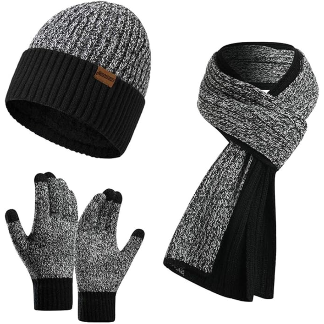 Men's versatile winter set: Beanie, scarf & touchscreen gloves. Fashionable & functional.