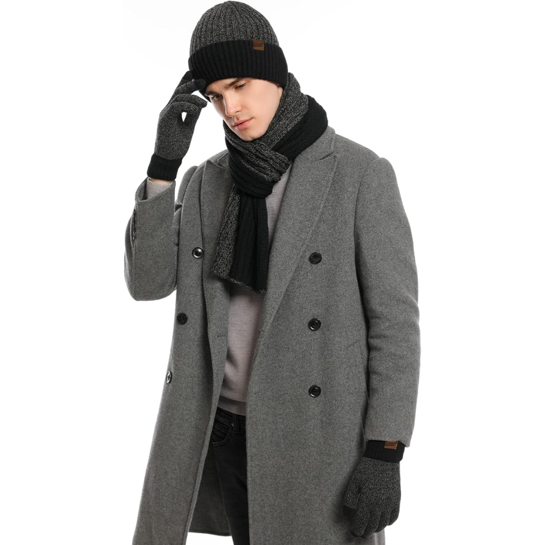 Complete men's winter set: knitted beanie, cozy scarf & tech-friendly gloves. Perfect cold weather.