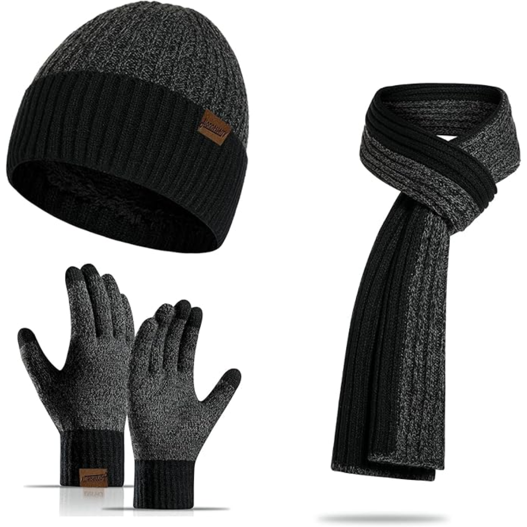 Stylish men's winter fashion set: beanie, scarf & touchscreen gloves. Ideal gift for him.