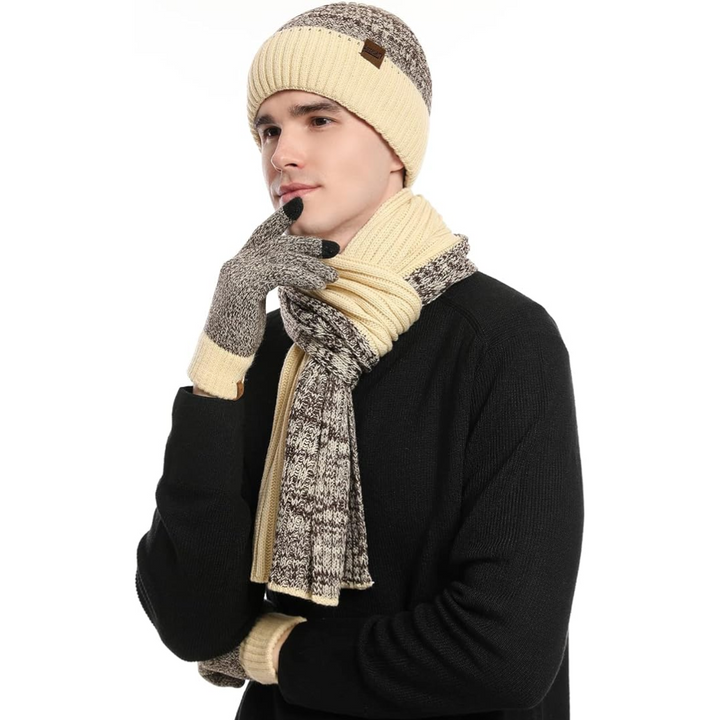 Knitted men's winter beanie, scarf, & touchscreen gloves combo. Stay warm in style.