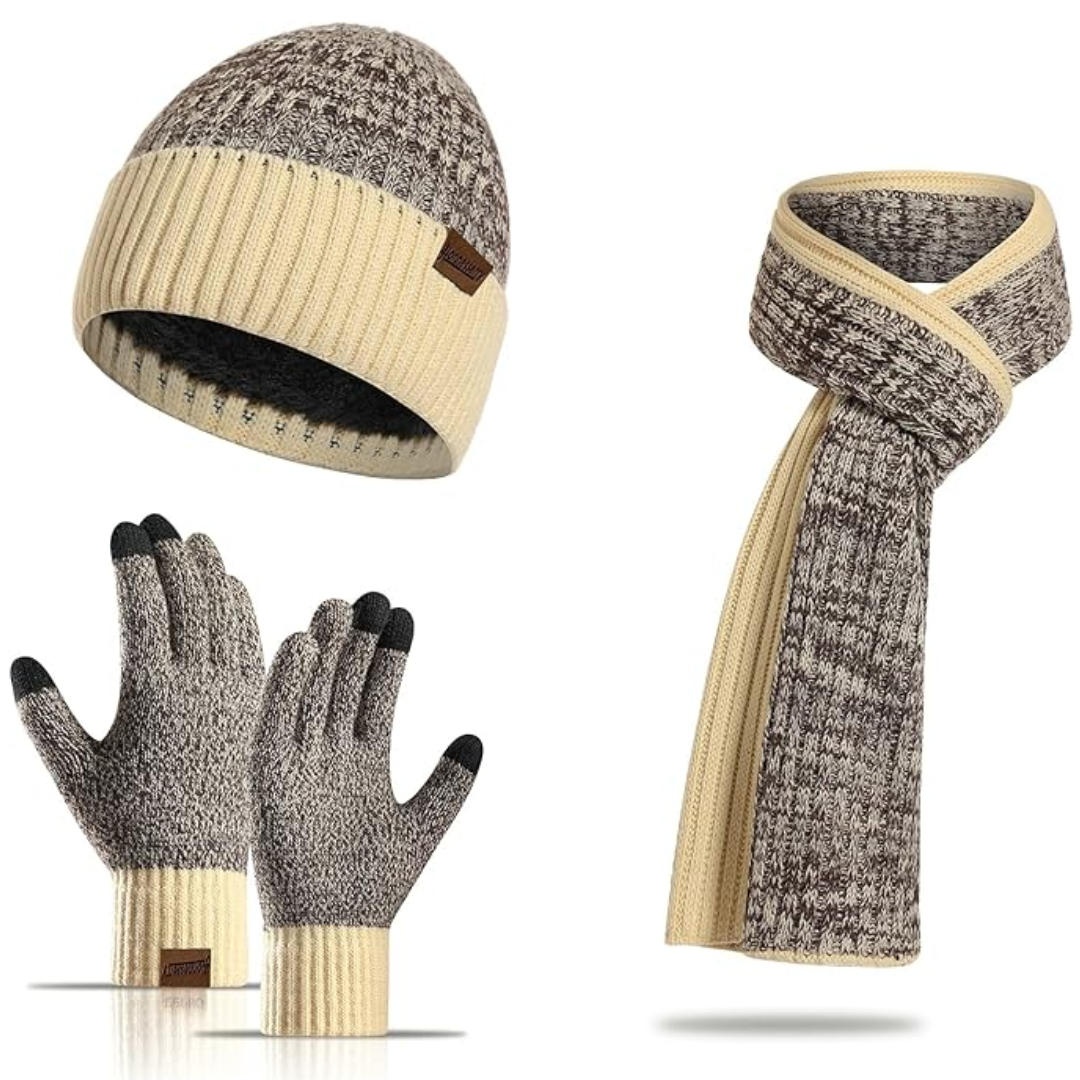 Victor men's warm winter beanie, matching scarf, & touchscreen gloves. Essential cold weather gear.