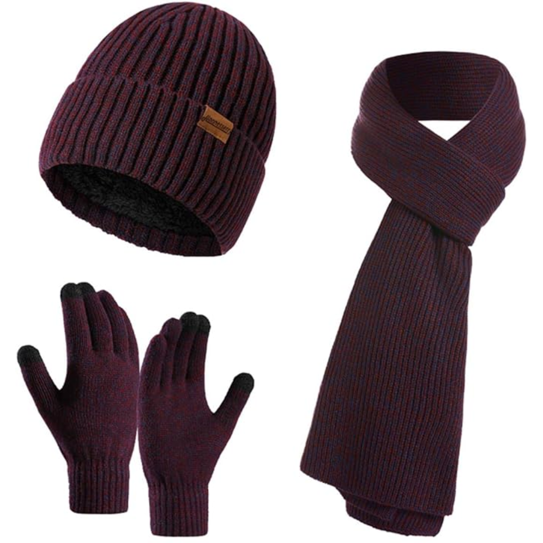 Premium men's winter set: cozy knitted beanie, soft scarf, and responsive touchscreen gloves.