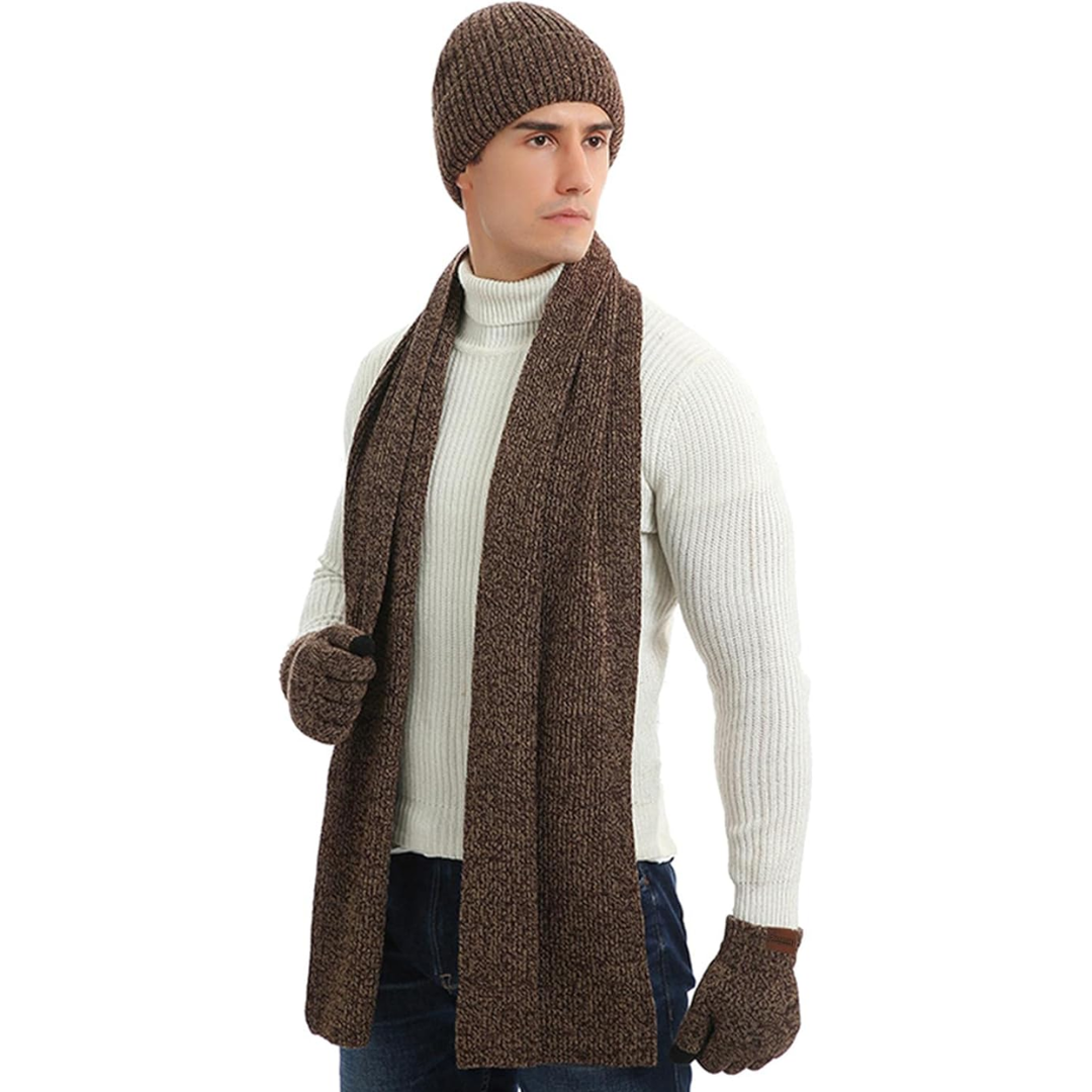 Gift for him: Men's knitted winter beanie, scarf, & touchscreen gloves. Ultimate warmth & tech.