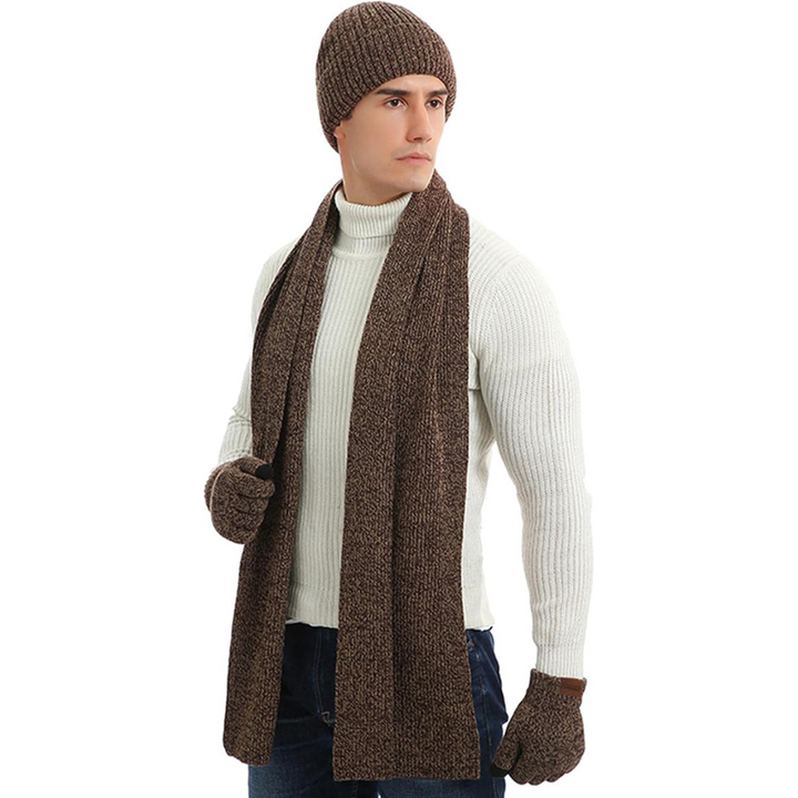 Gift for him: Men's knitted winter beanie, scarf, & touchscreen gloves. Ultimate warmth & tech.