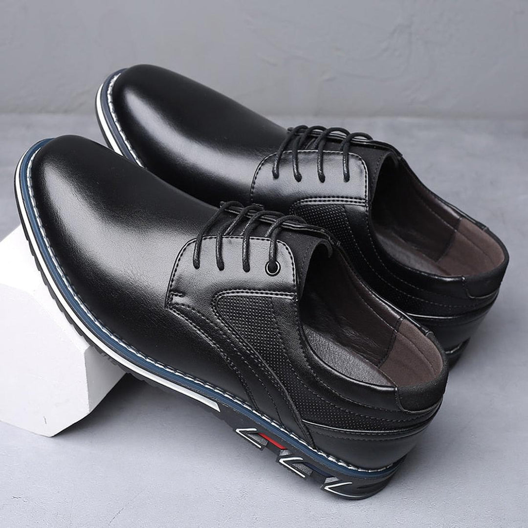 Top-down view of men's dress shoes, walking style, featuring durable anti-slip traction