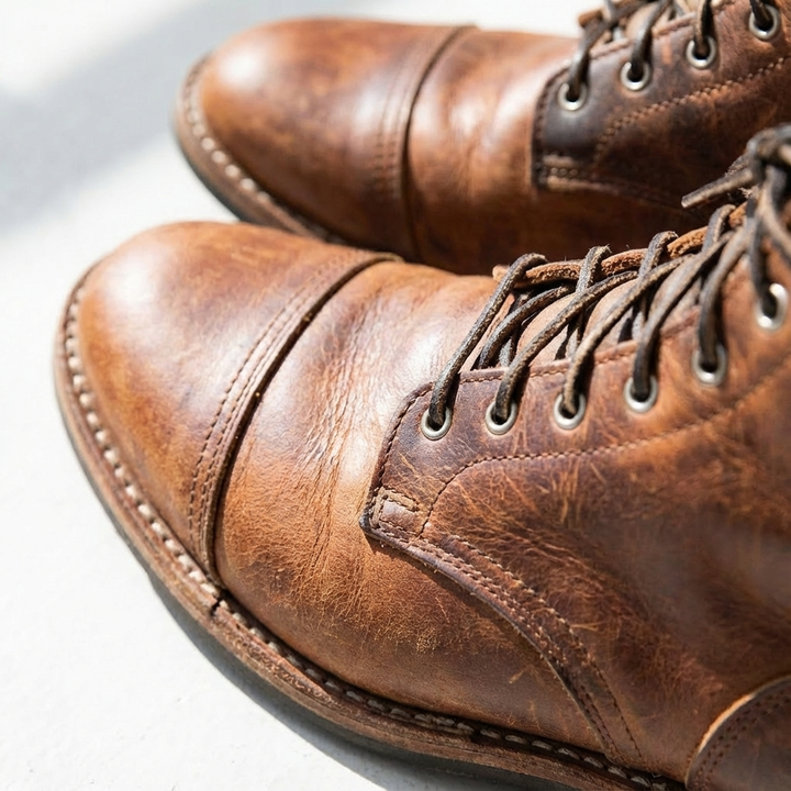 Men's casual lace-up ankle boots featuring a unique distressed finish and elegant cap toe, ideal men's footwear.