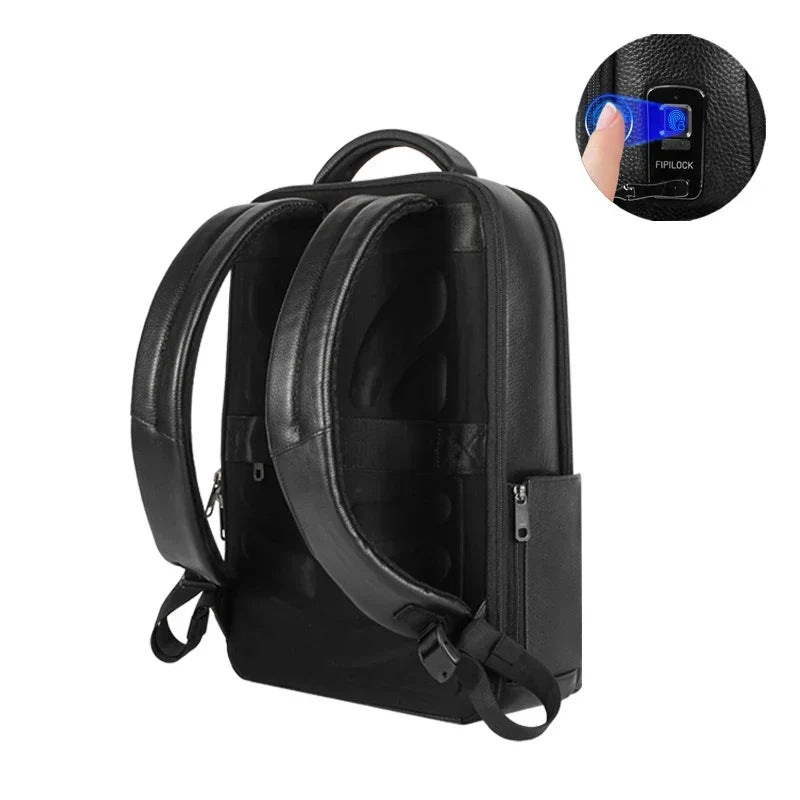Man carrying a sleek black anti-theft business laptop backpack with fingerprint lock for secure travel.