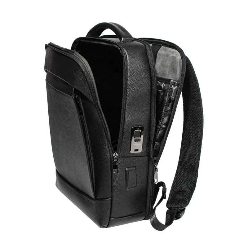 Close-up of the fingerprint lock on a men's anti-theft business laptop backpack, ensuring secure storage.
