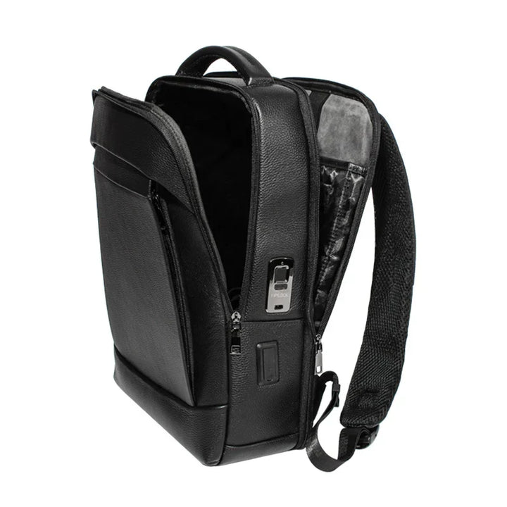 Close-up of the fingerprint lock on a men's anti-theft business laptop backpack, ensuring secure storage.
