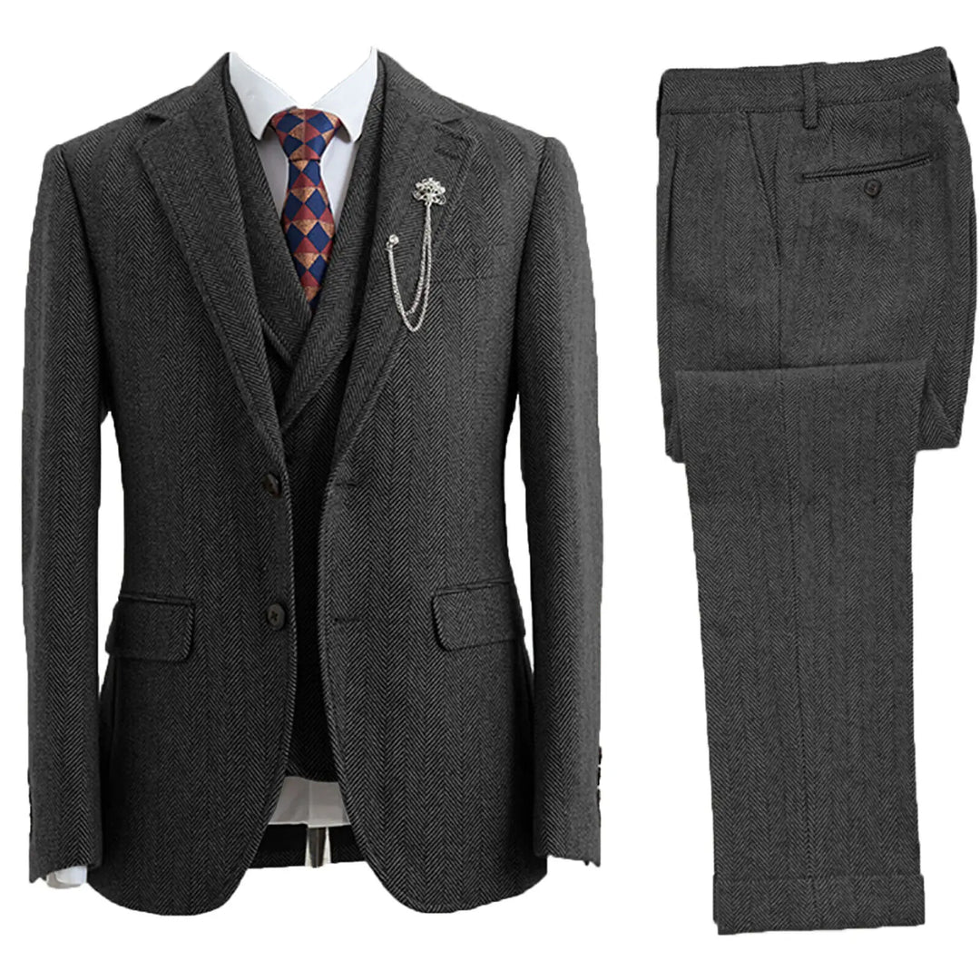Men's Leonard 3-piece herringbone suit, tailored for formal occasions, weddings & business events.