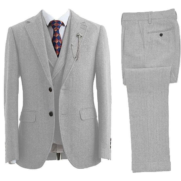 Stylish men's herringbone wedding suit, a perfect 3-piece tailored fit for grooms & formal guests.
