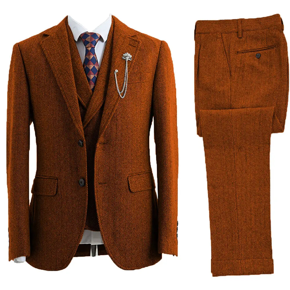 Full view of the Leonard men's 3-piece herringbone suit, perfect for formal events & sophisticated style.