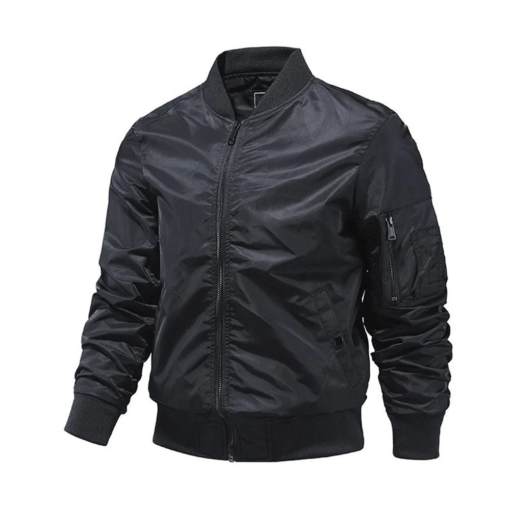 Casual men's autumn bomber jacket. Light, trendy outerwear for transitional seasons. Effortless everyday style.