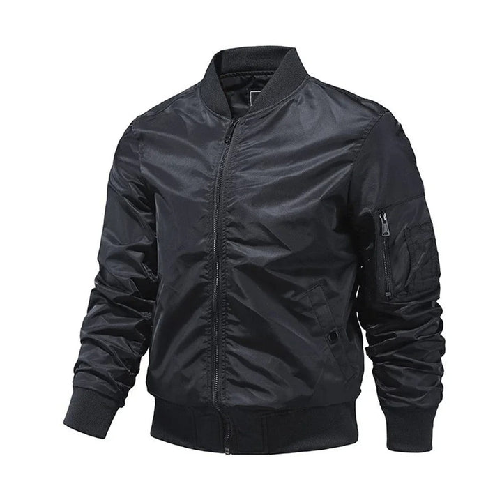Casual men's autumn bomber jacket. Light, trendy outerwear for transitional seasons. Effortless everyday style.