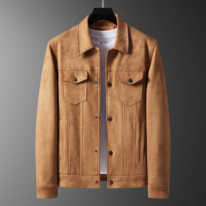 Casual men's light brown suede jacket with button-front closure, ideal for outerwear