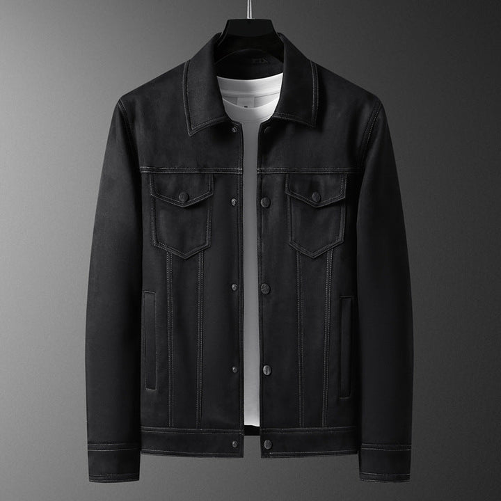 Suede button jacket for men in dual tones: light brown and deep black, a fashion essential