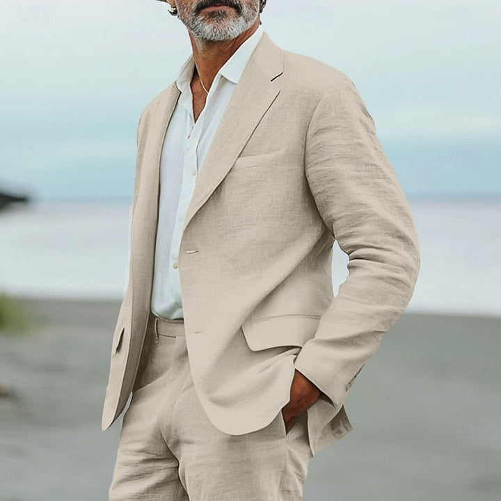 Modern men's 2-piece lightweight suit for summer, versatile for warm weather formal wear, casual outings & destination weddings.