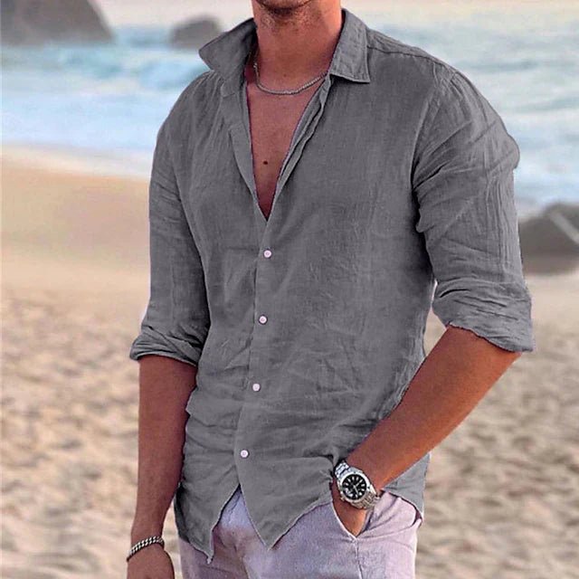 Men's casual long sleeve button-down shirt, ideal for summer vacation, travel, or relaxed smart casual looks.