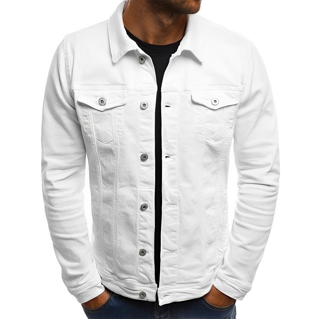 Stylish men's button-up denim jacket featuring multi-pockets, perfect lightweight outerwear for summer.
