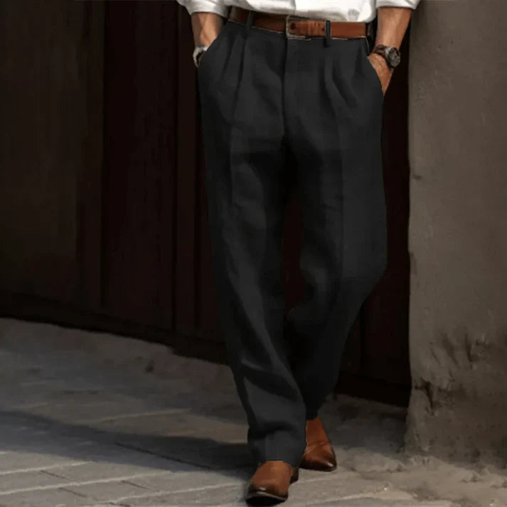 Black men's lightweight summer trousers with double pleats, offering a comfortable, relaxed fit for warm weather fashion.