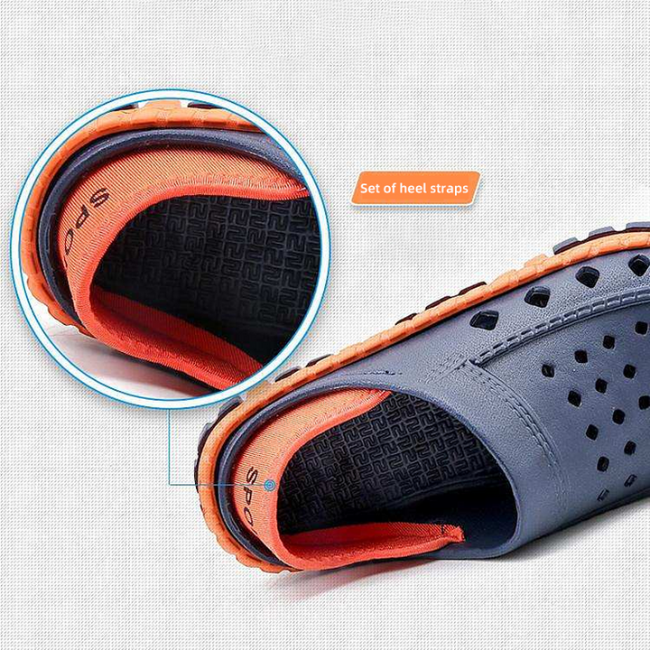 Close-up of men's lightweight EVA sandals, showing textured footbed for comfort