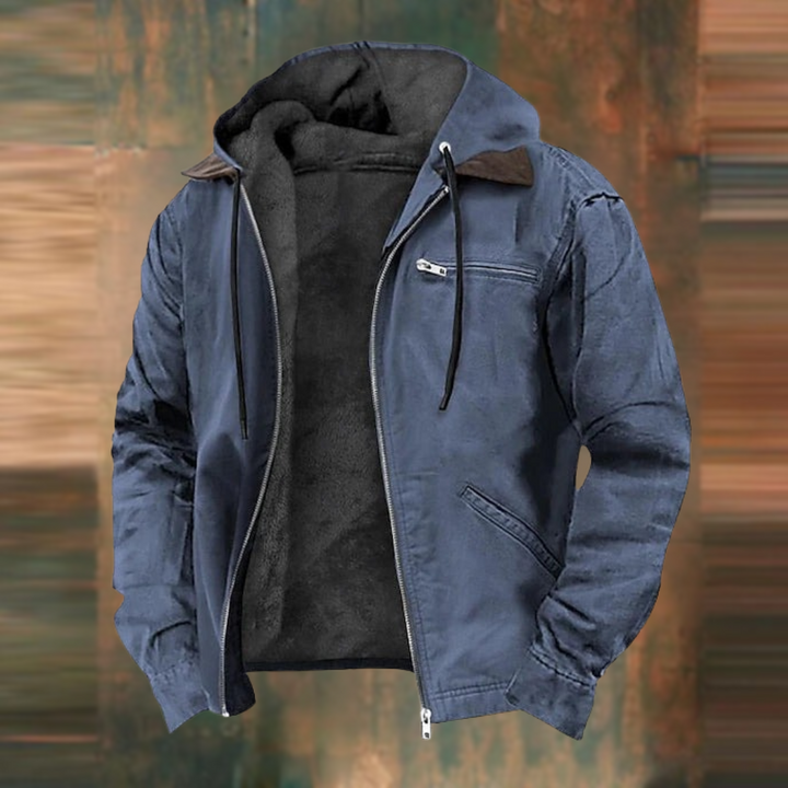 Stylish men's lightweight hooded zip-up jacket, ideal for urban fashion & outdoor activities. Comfortable outerwear.