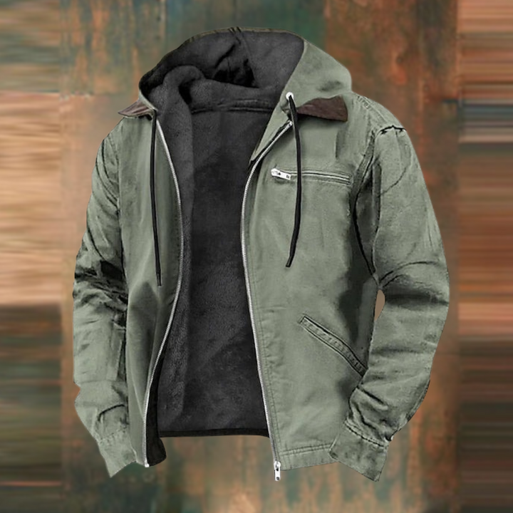 Comfortable men's zip-up hooded jacket with practical pockets, great for everyday casual wear & light layering.