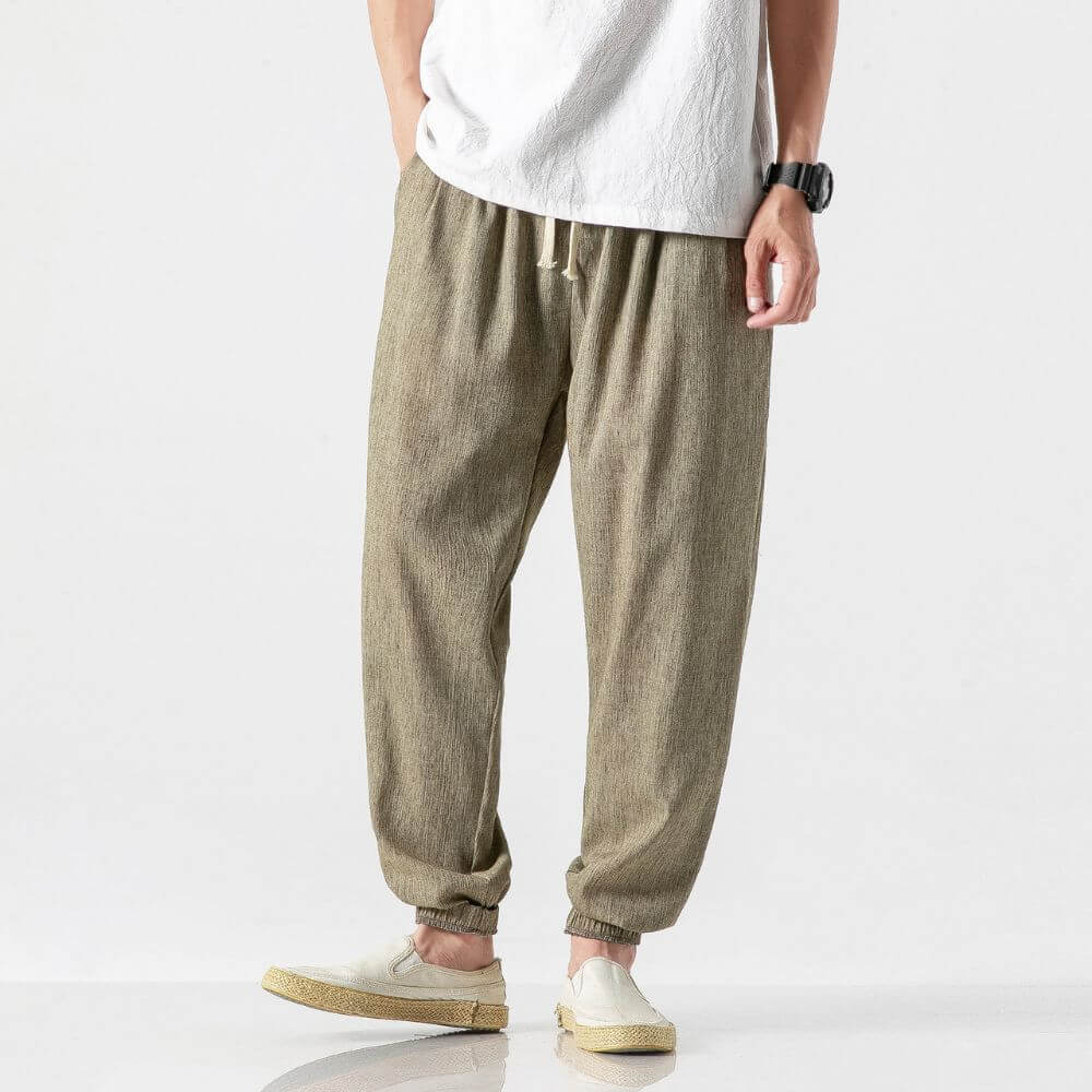 Stylish men's jogger pants with drawstring, designed for warm weather versatility.