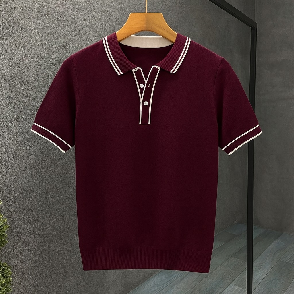 Stylish men's knit polo for smart casual summer wear. Features lightweight, breathable fabric & short sleeves.
