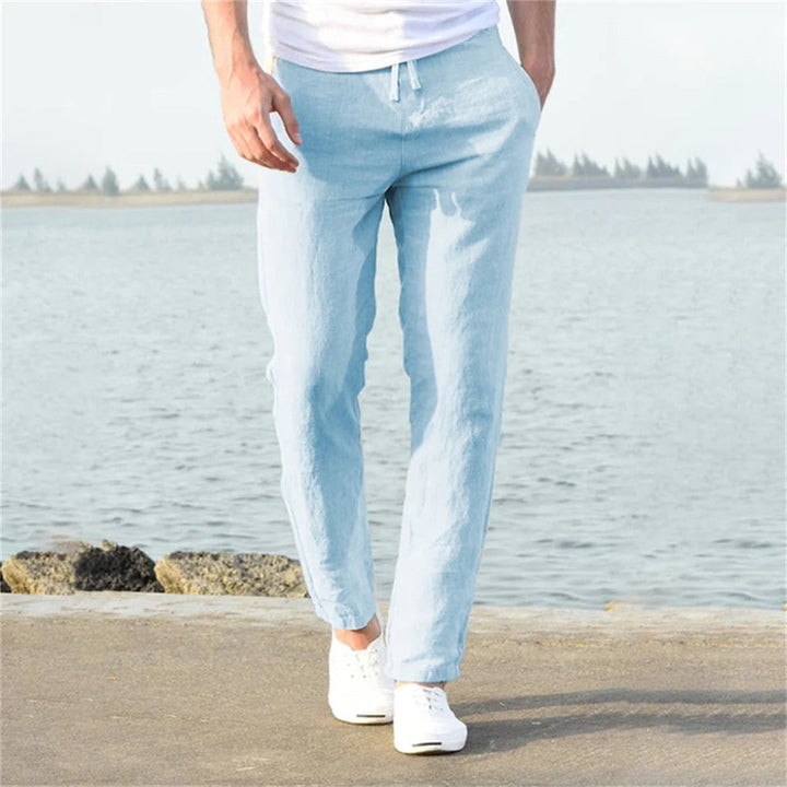 Stylish men's casual linen blend trousers for summer, featuring a comfortable relaxed fit and lightweight design.
