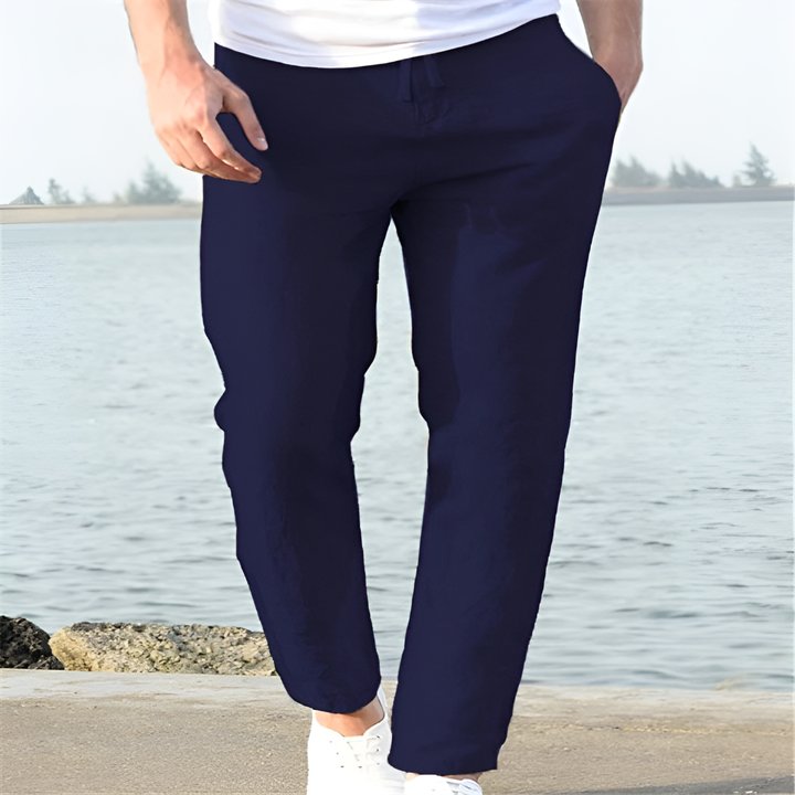 Men's relaxed fit linen blend summer trousers. Lightweight, breathable, and comfortable for warm weather fashion.