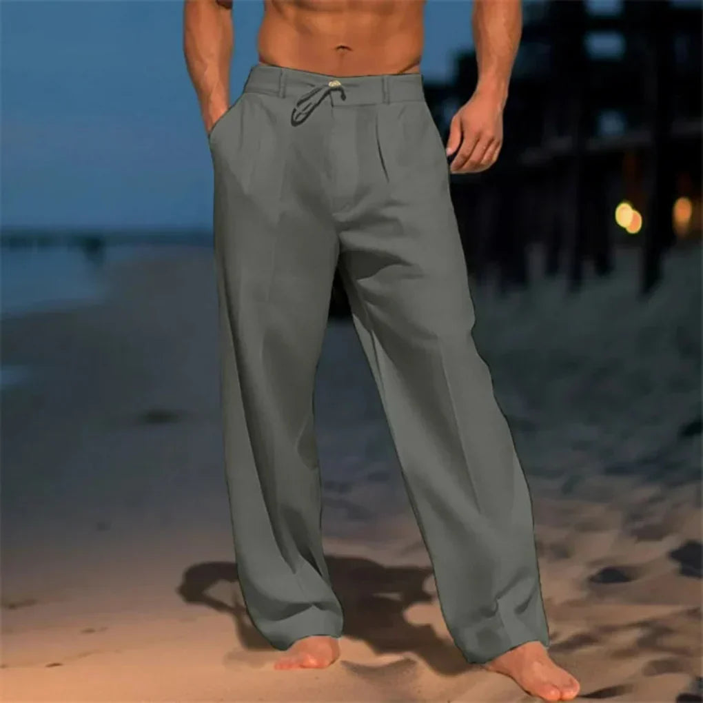 Men's lightweight linen trousers, perfect for summer comfort. Breathable, straight leg casual pants for men.