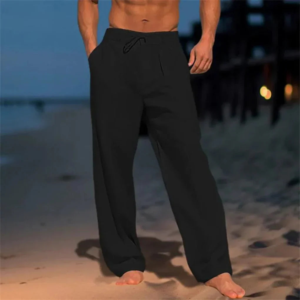 Stylish men's lightweight linen pants, a must-have for summer fashion. Breathable straight leg design.