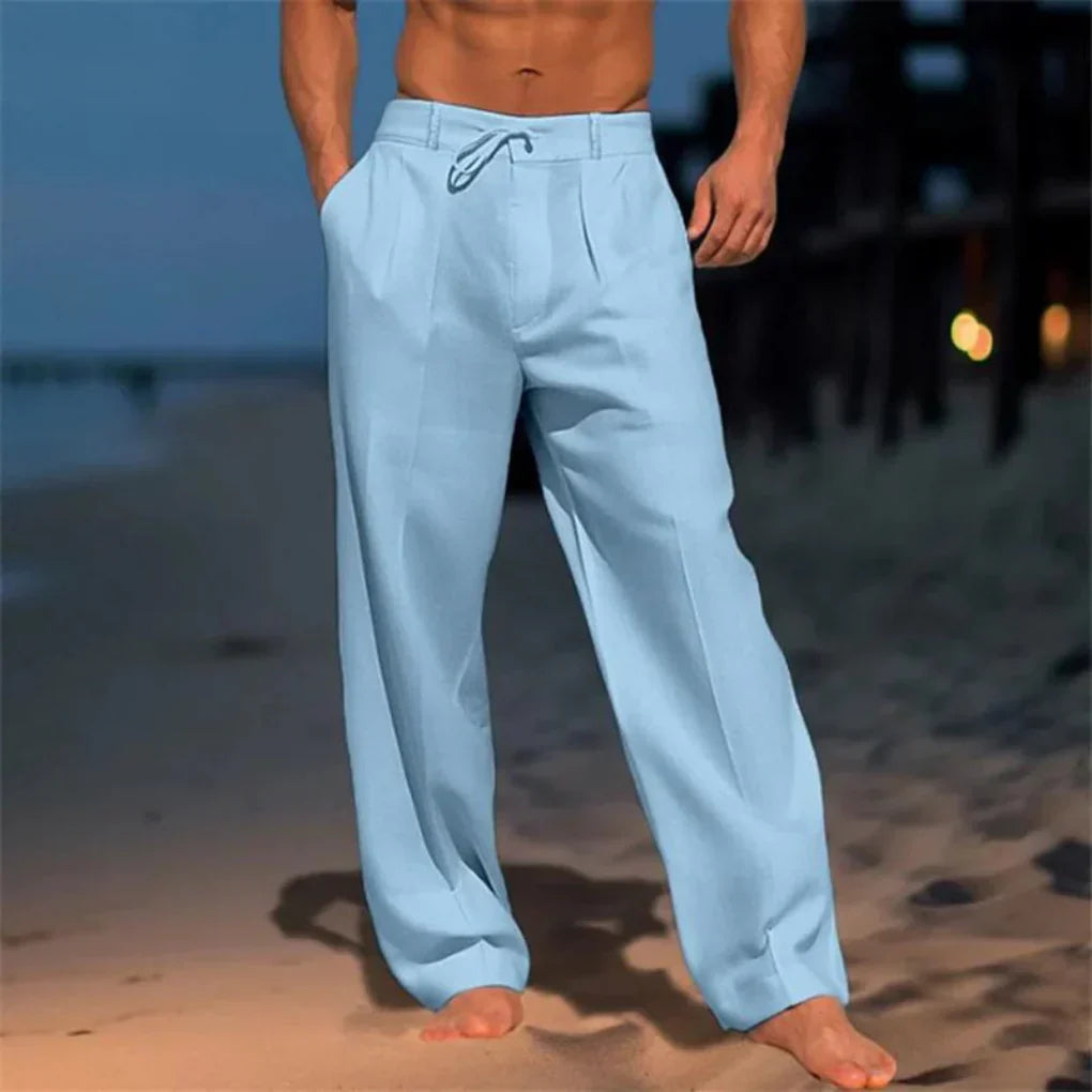 Men's comfortable lightweight linen trousers. Straight leg, breathable summer pants for everyday casual fashion.