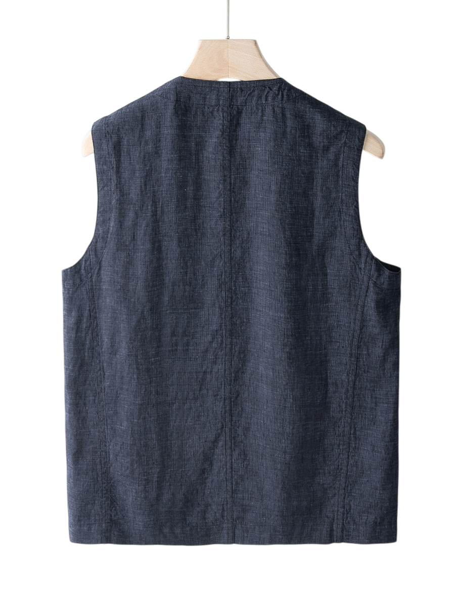 Versatile men's linen vest, a lightweight sleeveless layer for summer casualwear or dressed-up smart casual looks.
