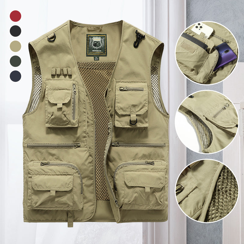 Khaki men's utility vest, lightweight, multi-pocket, ideal for hiking, fishing, and outdoor exploration.