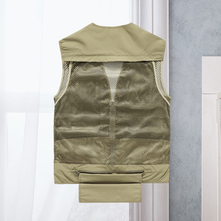 Army green men's sleeveless vest, lightweight & multi-pocket for fishing, hiking, and outdoor adventures.