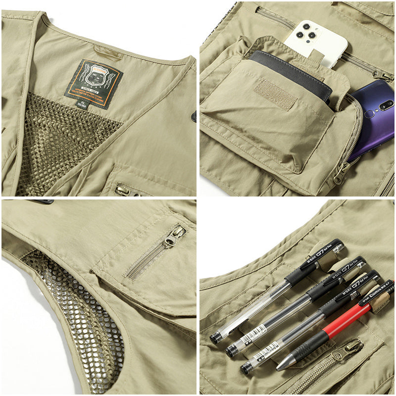 Black men's lightweight adventure vest, multi-pocket for hiking, fishing, and outdoor activities.