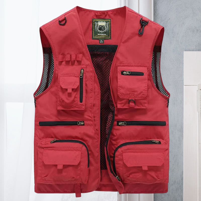Red men's lightweight outdoor vest, multi-pocket utility for fishing, hiking, and travel gear.
